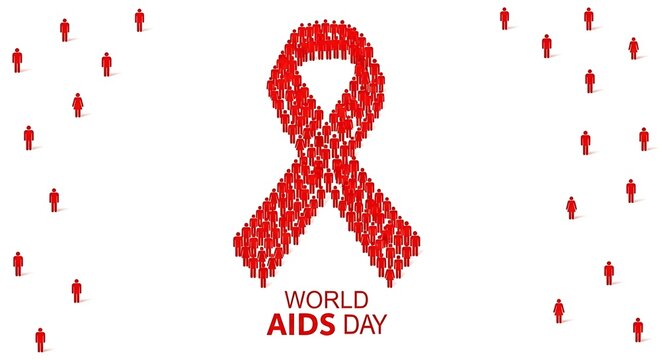 World aids day concept with red ribbon made of people and text, isolated on white background