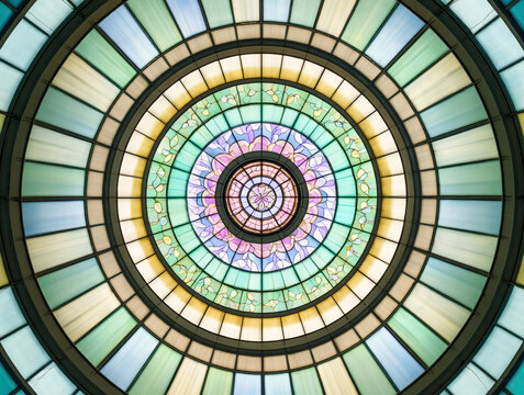 Circular stained glass ceiling with pastel colors dome - Powered by Adobe