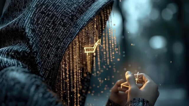 Digital hacker profile: binary crack, system breach, incognito motion, secret figure, shadow realm, network probe, code fragment, masked presence, stealth action, data flaw, hidden circuit