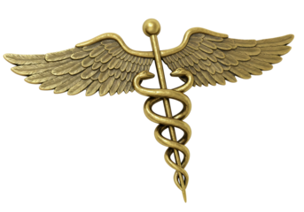 Golden caduceus medical symbol isolated on transparent background, healthcare emblem for medicine and pharmacy design