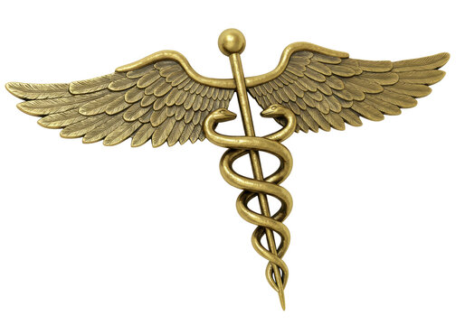 Golden caduceus medical symbol isolated on transparent background, healthcare emblem for medicine and pharmacy design