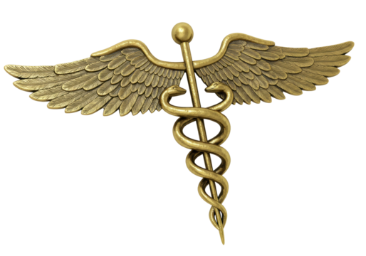 Golden caduceus medical symbol isolated on transparent background, healthcare emblem for medicine and pharmacy design - Powered by Adobe