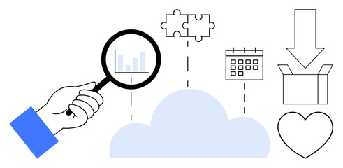 Hand with magnifying glass examines cloud with bar chart, puzzle pieces, calendar, download box, and heart. Ideal for analysis, connectivity, planning, technology organization data teamwork