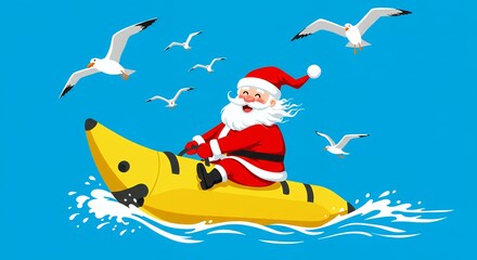 Santa claus riding banana boat with seagulls on blue water background
