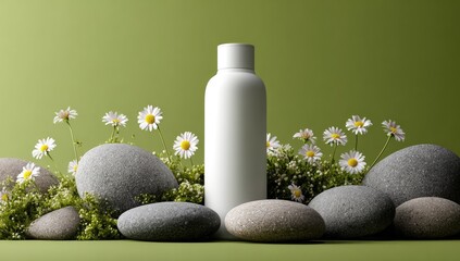 White bottle stands among stones, flowers, and moss on a green backdrop