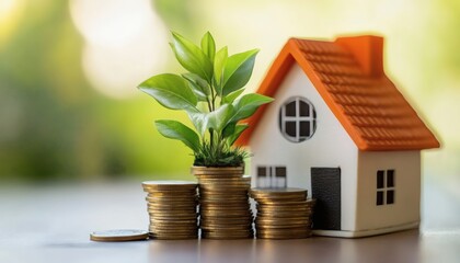 A miniature house sits beside stacks of gold coins, and a small green plant sprouts from the top of the largest stack of coins.
