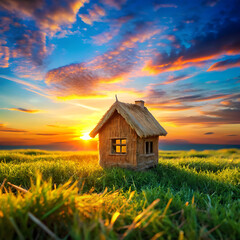 Miniature wooden house with grass roof, A small, rustic wooden cottage, A miniature rustic wooden cottage bathed in warm sunset light in the sky