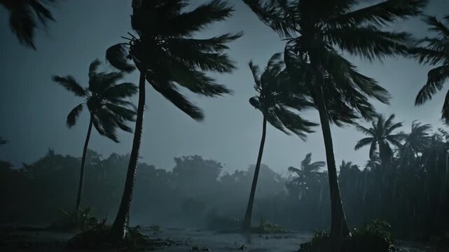 Tall palm trees bend and sway intensely in fierce, driving winds and heavy rain during a tropical storm extreme wind, forest, outdoor