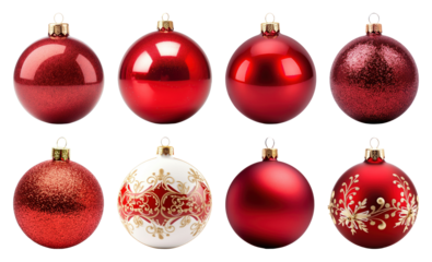 PNG Festive red Christmas ornaments collection, element set on transparent background
