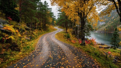 Fototapeta premium Winding road through a vibrant autumn forest, leading to calm water
