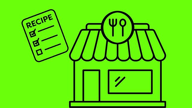 Culinary Recipe: A creative vector design showcases the essence of culinary with a recipe list floating nearby a restaurant.