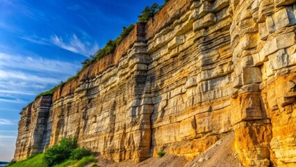 A Majestic Cliff Face Reveals Layers of Sedimentary Rock Formed Over Millennia, Bathed in Golden Sunlight Under a Vast Blue Sky