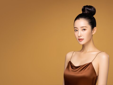 Elegant Asian woman in a silky dress with a neat bun, glowing skin, and natural makeup. Perfect for beauty, skincare, and fashion advertising.