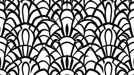 Repeating pattern of stylized, overlapping fans or scallops in black and white.
