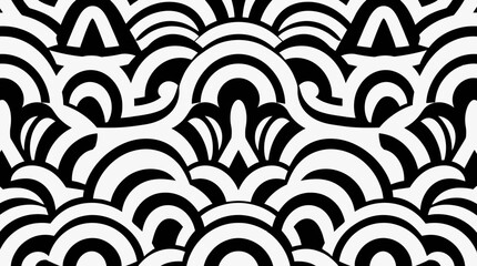Abstract black and white pattern composed of repeating curved shapes, creating a symmetrical design.