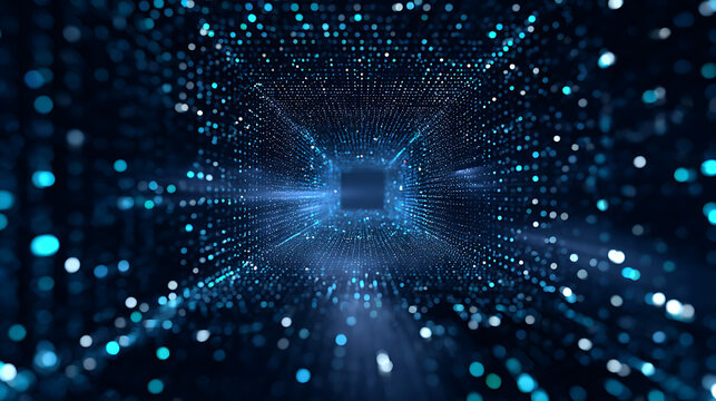 Stunning futuristic technology tunnel with glowing blue particles creating immersive digital experience, ideal for modern tech and innovation concepts