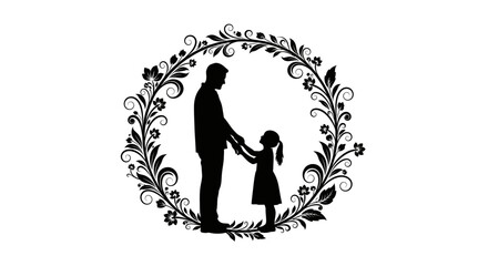 Silhouette of a father holding his daughter's hand, framed by a floral wreath.