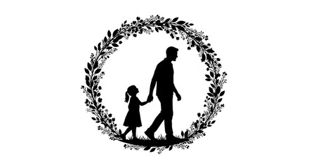 Silhouette of a father and daughter walking hand-in-hand, framed by a floral wreath.