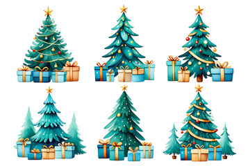 Obraz premium Festive Watercolor Christmas Trees and Gifts Illustration for Holiday Season Celebrations and Decoration