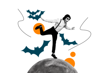 Composite photo collage of astonished man caballero latino stand moon planet halloween holiday bats isolated on painted background