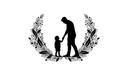 Silhouette of a father holding his child's hand, framed by a decorative floral wreath.