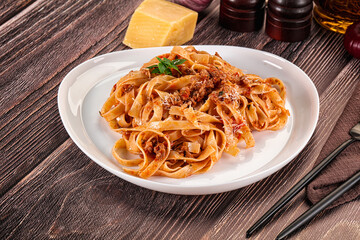 Italian pasta bolognese with beef minced meat