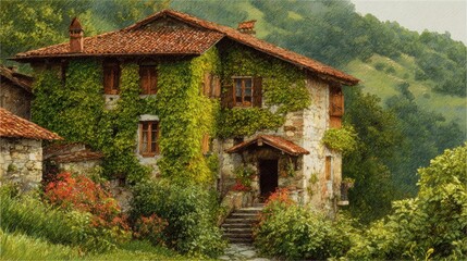 Rustic house covered in vines