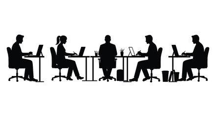 People working at desks in an office a stark black silhouette