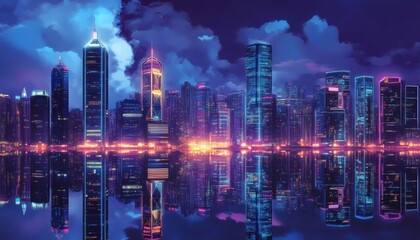 The illustration shows a city skyline at night with skyscrapers illuminated, reflected in calm water below, and a cloudy sky above.