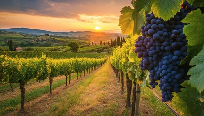 Fototapeta premium The image shows a scenic vineyard landscape during sunset, featuring rows of grapevines, a cluster of ripe grapes, and a house in the distance.