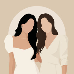 Bride and bridemaid, minimal illustration of two women with dark hair on a cream background in white and cream dresses