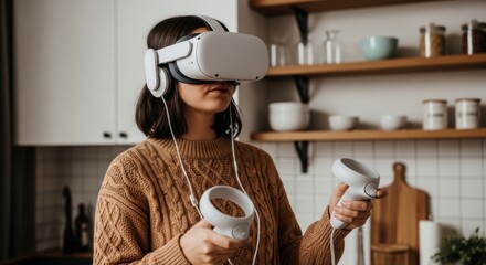 Young caucasian female using virtual reality headset in modern kitchen setting