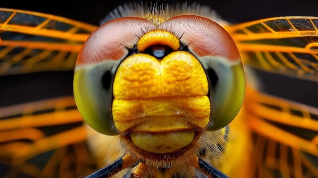 Close up macro view of a dragonfly with colorful eyes and wings