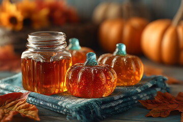 Colorful pumpkin-shaped treats next to honey jar on rustic table during autumn season