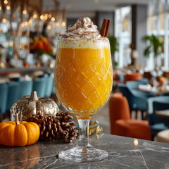 Enjoying a seasonal drink with a warm cinnamon flavor in a cozy restaurant setting during autumn