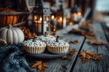 Delicious pumpkin tarts on wooden table with autumn decorations and warm lantern light in cozy setting