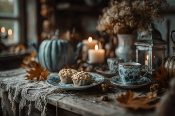 Cozy autumn setting with muffins and a blue pumpkin on a rustic table