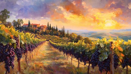 Naklejka premium An oil painting depicts a picturesque vineyard in Tuscany, Italy, at sunset, showcasing rows of grapevines with ripe grapes and a charming villa on a hillside.