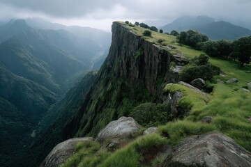 Fototapeta premium Green mountain cliff overlooking vast misty valley