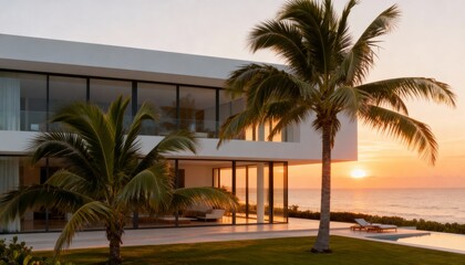 Modern beachfront villa with large glass façades, palm trees, and oceanfront garden, bathed in warm sunset light.

