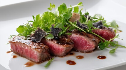 Culinary Masterpiece: A mouthwatering steak, exquisitely prepared and artfully presented on a pristine plate. This culinary masterpiece captures the essence of fine dining.