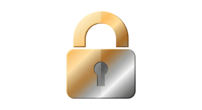 A metallic padlock with a gold and silver finish, isolated on transparent background