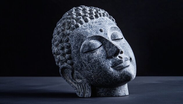 A gray stone Buddha head sculpture with its eyes closed rests on a dark surface against a black background.