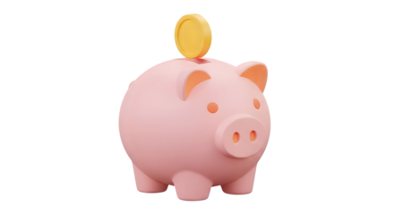 A pink piggy bank with a gold coin being inserted into the slot, isolated on transparent background