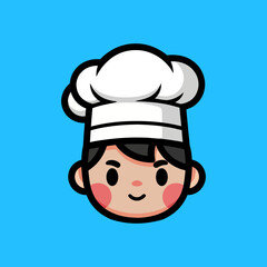 Cartoon Chef Head with Chefs Hat on Blue Background