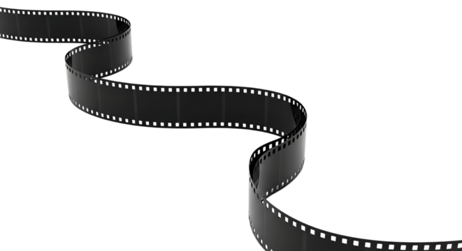 A black film strip winding across a transparent background, isolated on transparent background