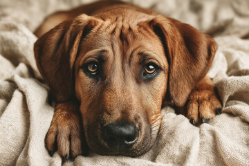 Sad Puppy Portrait on Cozy Blanket &mdash; Emotional Pet Photography