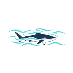 A stylized illustration of a shark swimming in turquoise ocean waves on a white background.
