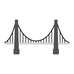 A simple, flat illustration of a suspension bridge with two tall towers and a curved deck.
