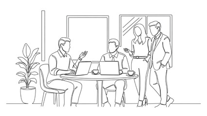 Casual Brainstorm Session – Continuous Line Illustration of Four Coworkers Collaborating Around Table with Laptops and Coffee